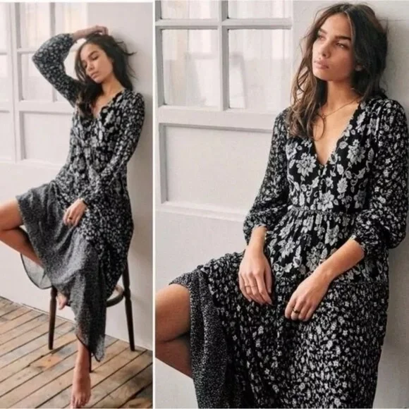 Sézane Dress Noreen Floral Tiered Cottagecore Maxi Dress Black White 34 - Picture 3 of 12